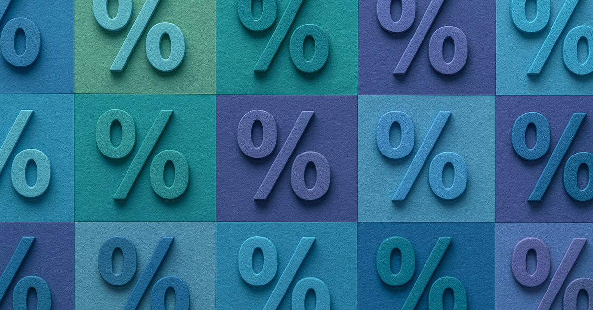 Repeating pattern of percentage signs in cool colors.