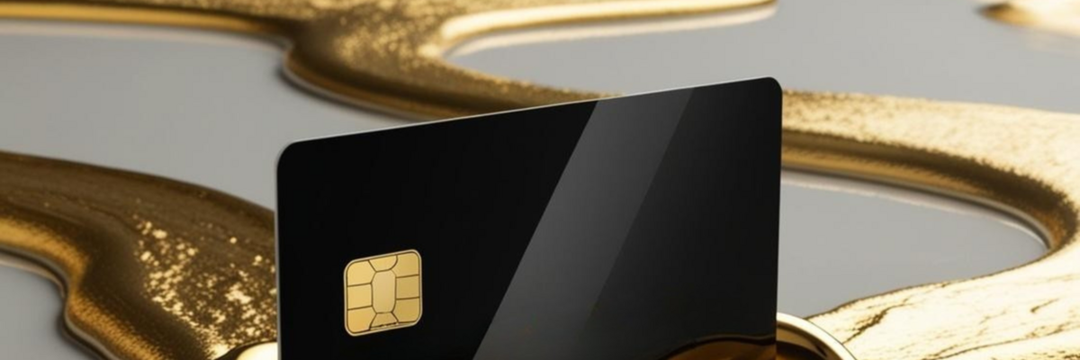 A generic black credit card in a stream of gold.